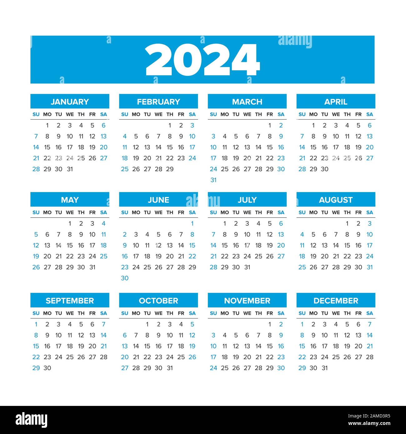Einfacher Vektorkalender 2024. Die Wochen beginnen am Sonntag Stock
