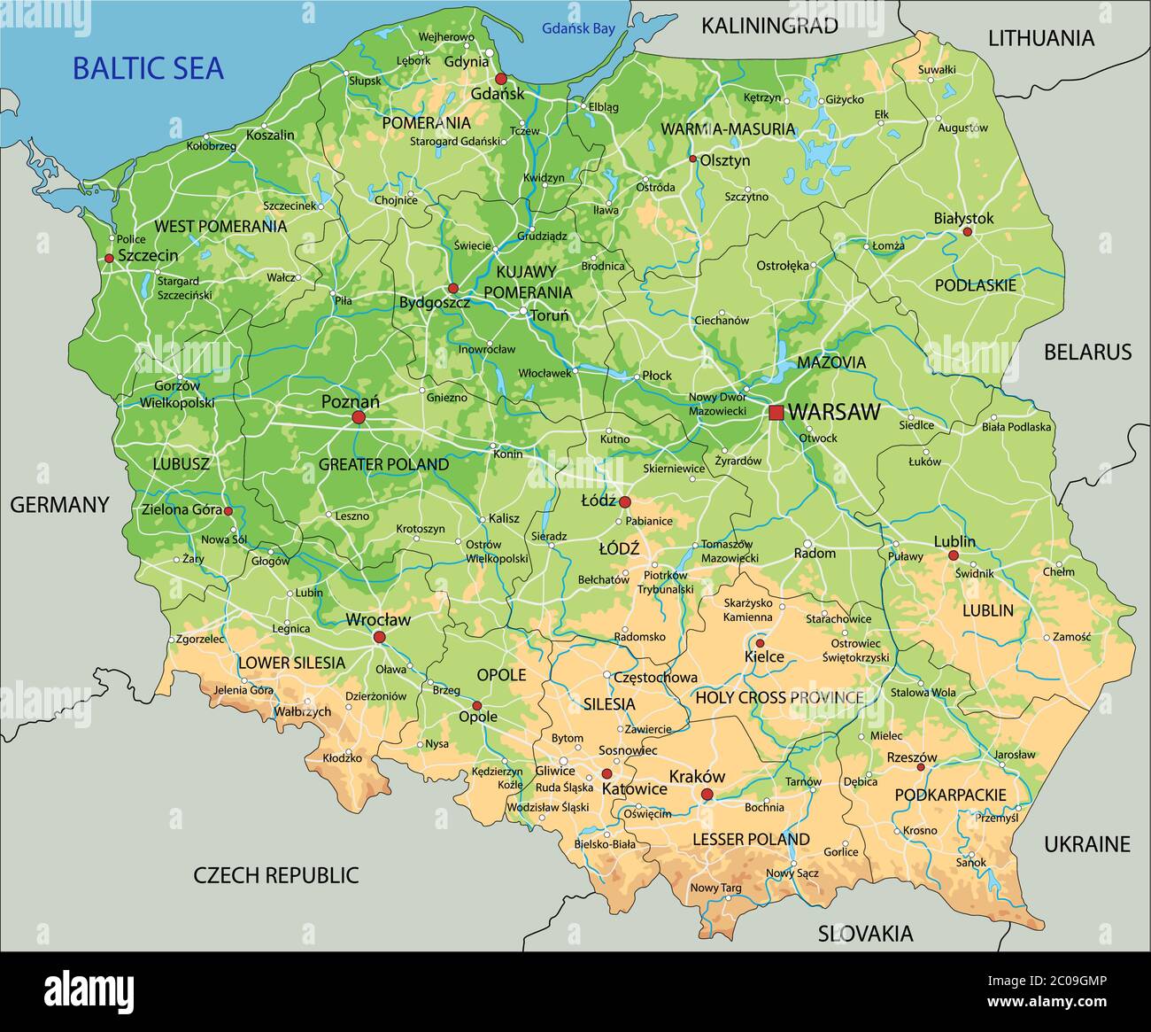 Hoch detaillierte Polen physische Karte mit Beschriftung Stock