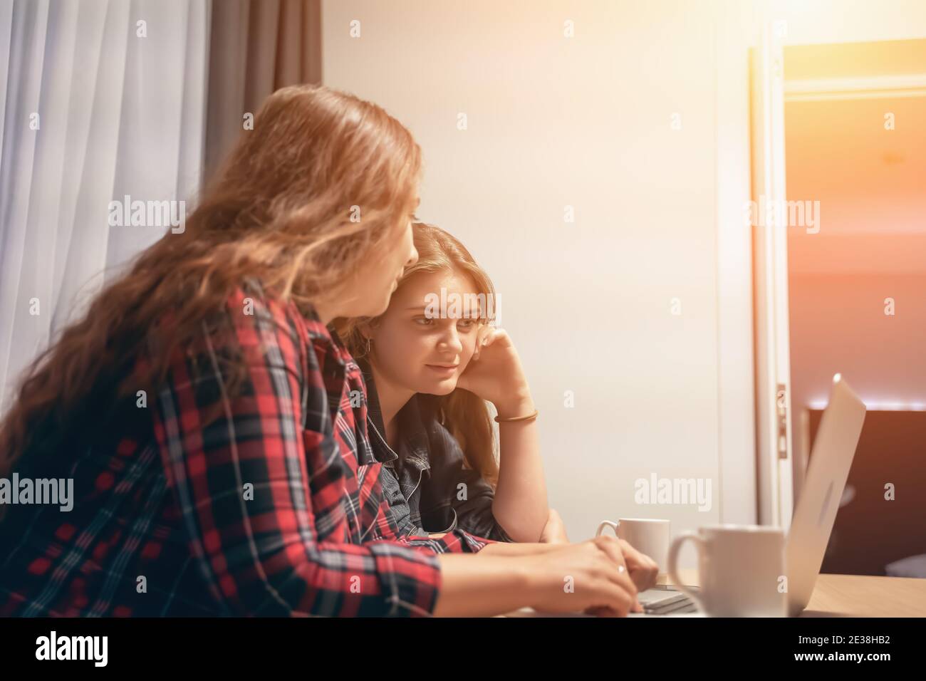 Zwei Junge Mädchen Sitzen Zu Hause Am Laptop Fernarbeit Oder Online Lernen Stockfotografie Alamy 