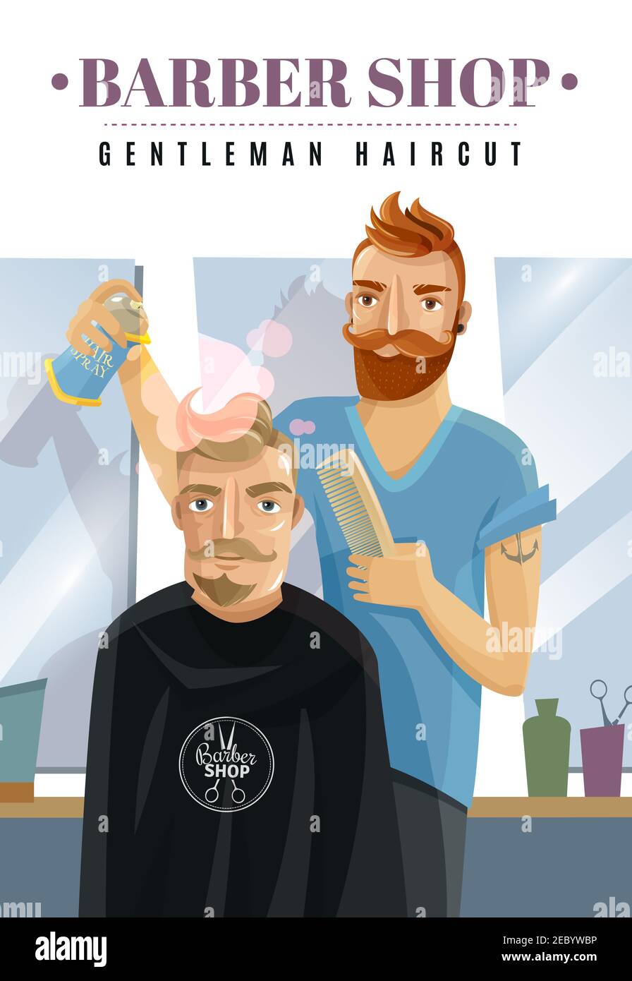 Friseur Finishing Hipster Mann Haarschnitt Mit Kamm Und Spray Auf Barbershop Cartoon Vektor 8463