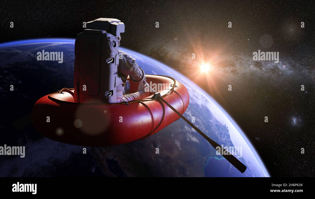Astronaut Im Gummiboot In Der Umlaufbahn Des Planeten Erde Stockfotografie Alamy