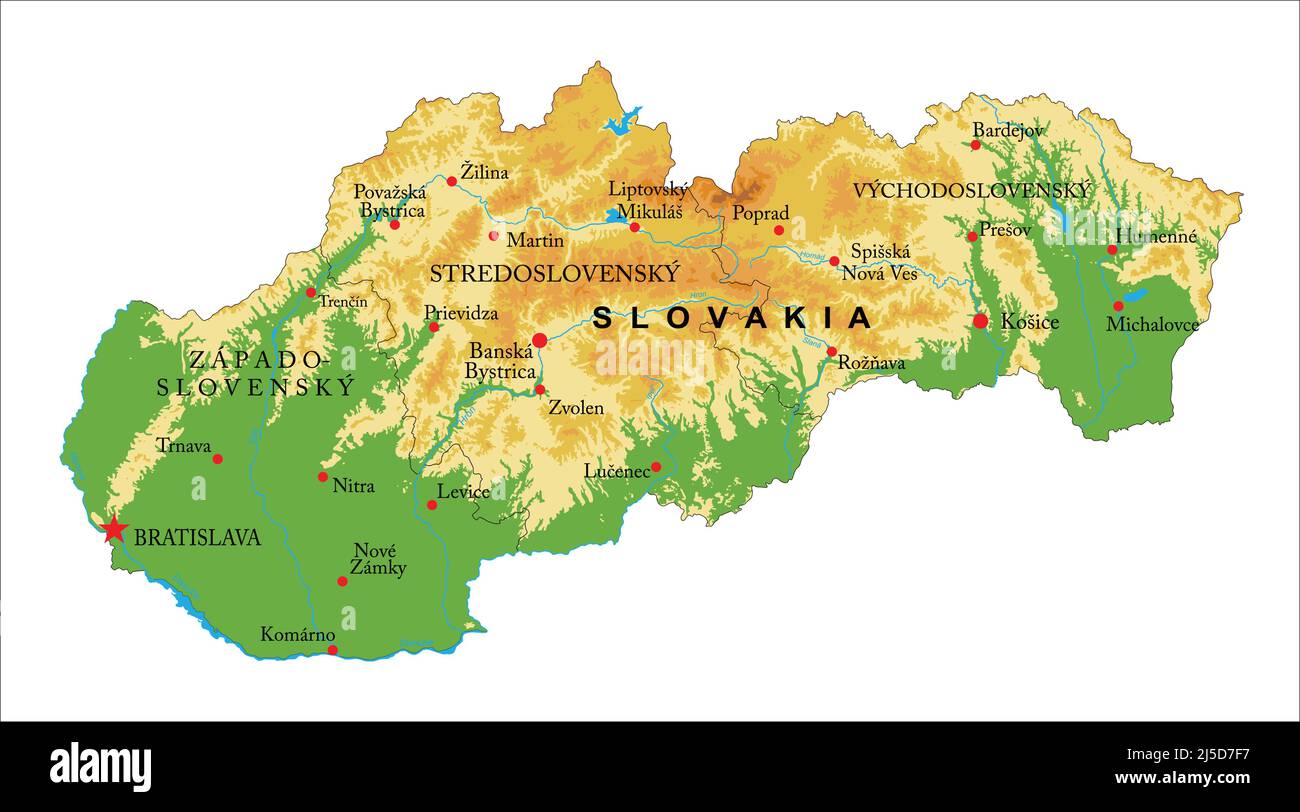 Sehr detaillierte physische Karte der Slowakei, im Vektorformat, mit allen Reliefformen 