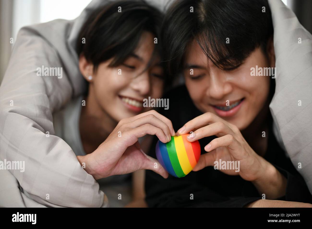 Schöne Asiatische Junge Schwule Paare Liegen Auf Dem Bett Unter Der Decke Und Halten Ein 