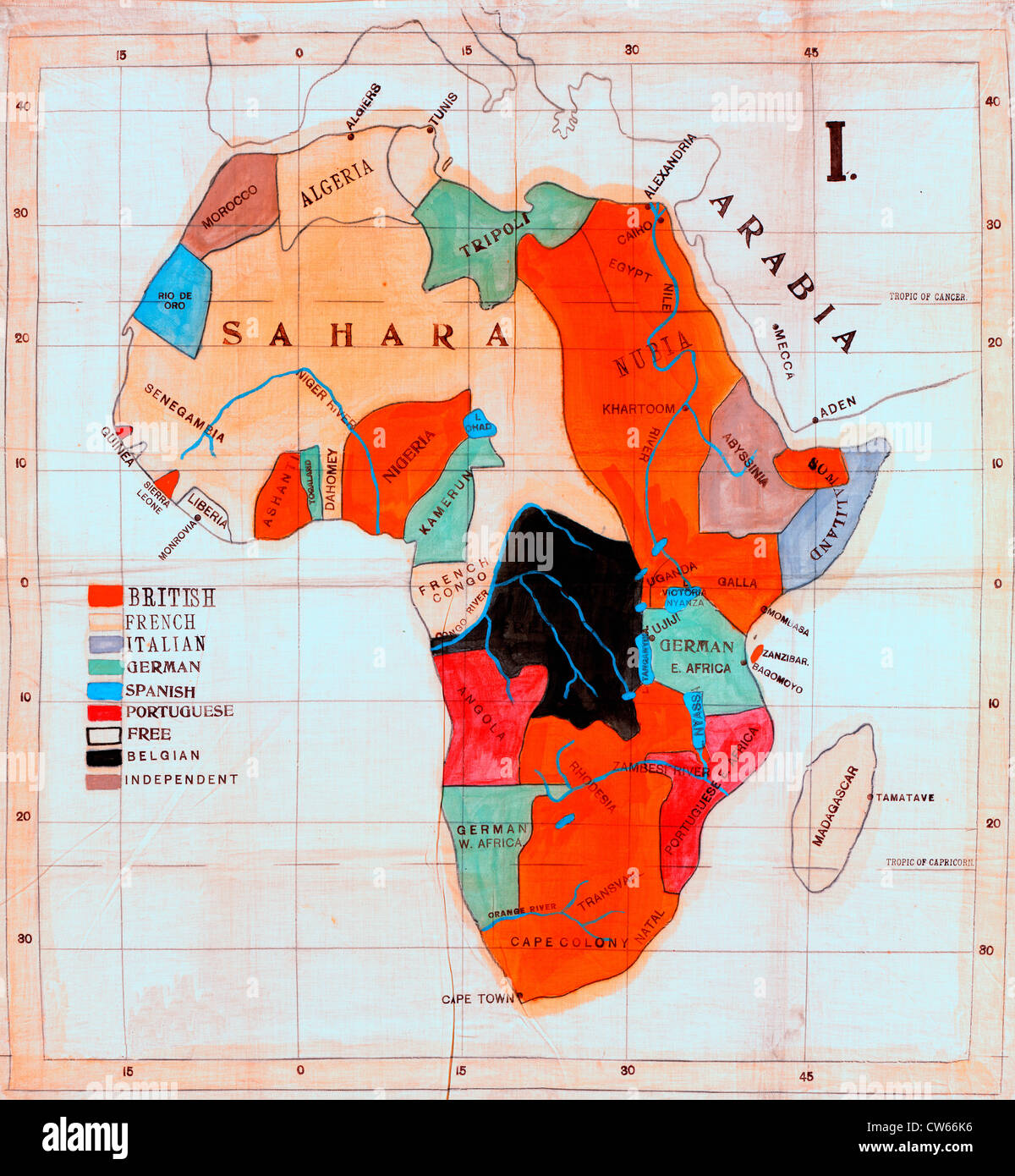 Karte von Afrika zeigt europäische Kolonien und unabhängigen Ländern in