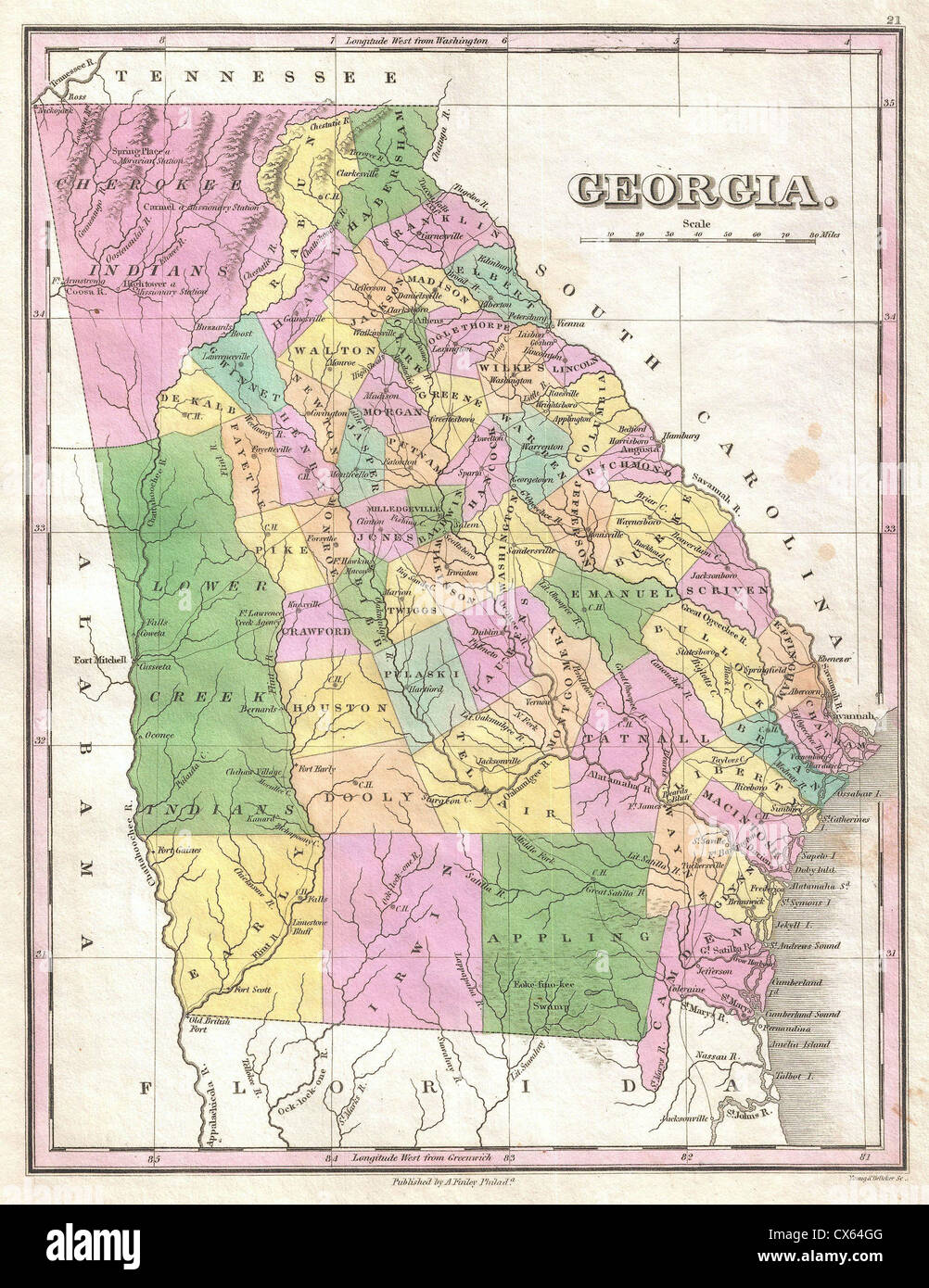 1827 Finley Karte Von Georgien Stockfotografie Alamy