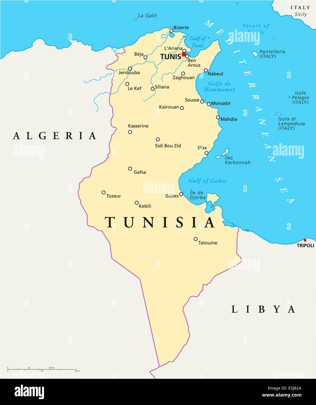 Tunesien politische Karte mit Hauptstadt Tunis, Landesgrenzen, die
