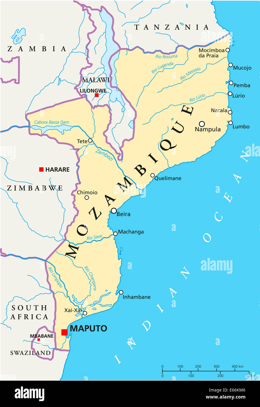 Mosambik Politische Karte Mit Hauptstadt Maputo Mit Landesgrenzen Die Wichtigsten Stadte Flusse Und Seen Englisch Beschriften E66km6 