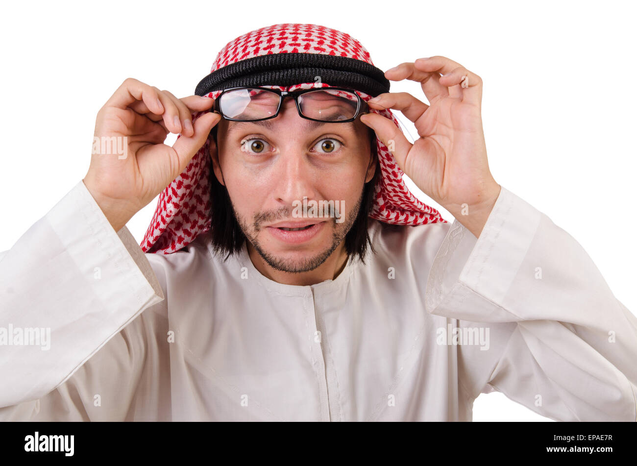 Arabische Mann In Spezifikationen Isoliert Auf Weiss Stockfotografie Alamy 