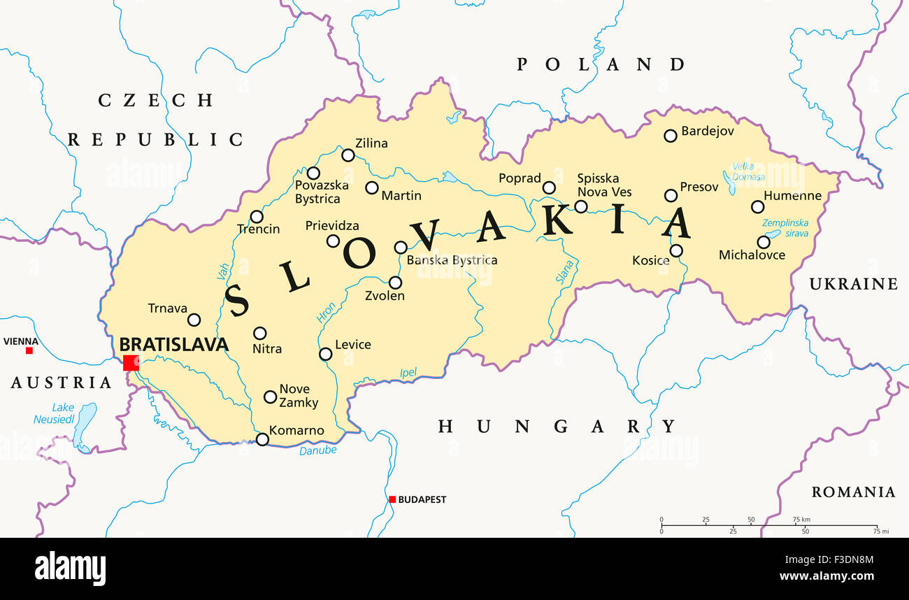 Slowakei Landkarte mit Hauptstadt Bratislava, Landesgrenzen, wichtige Städte, Flüsse und Seen 