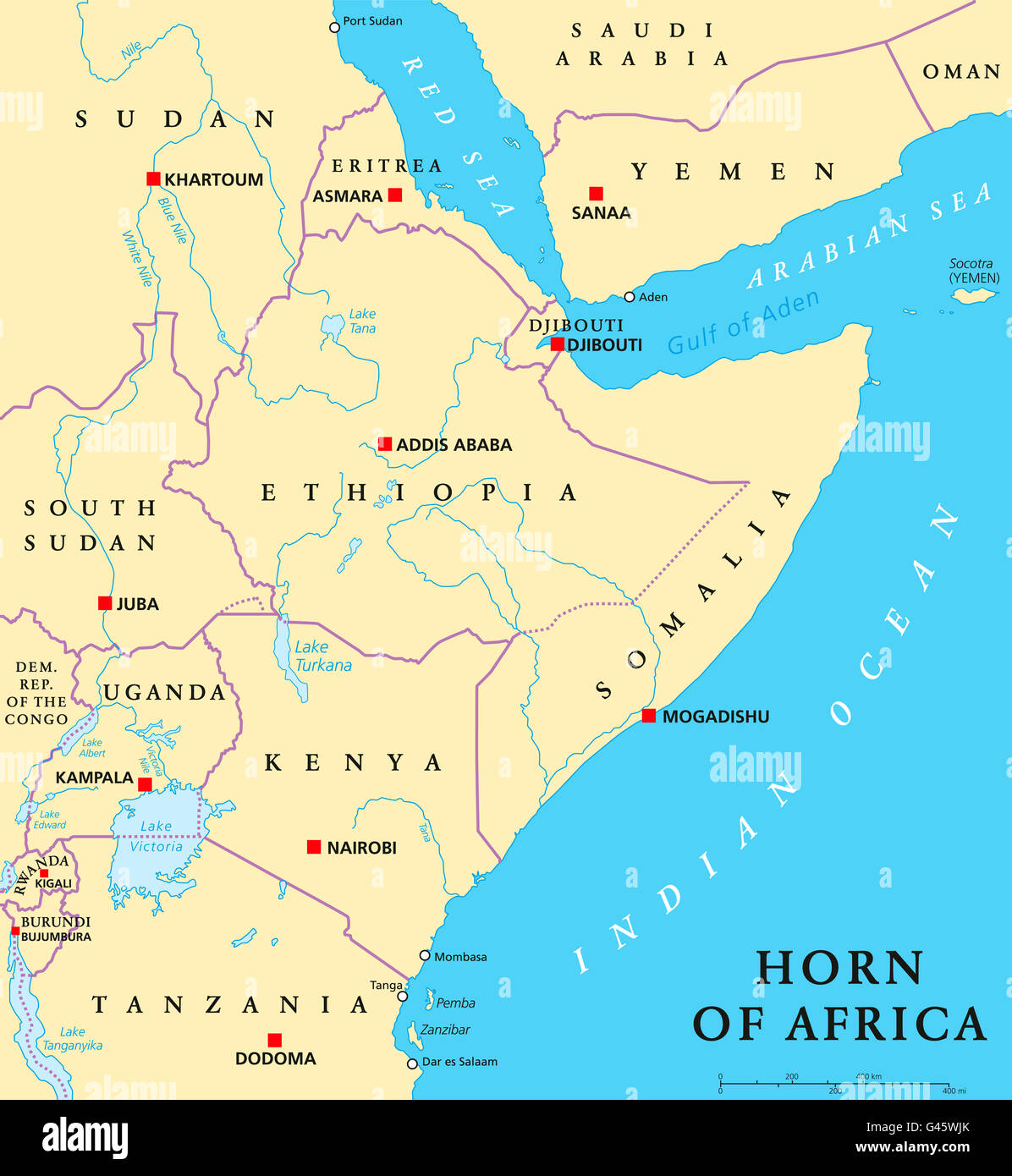Horn Von Afrika Halbinsel Politische Karte Mit Hauptstädten Landesgrenzen Wichtige Städte 5593