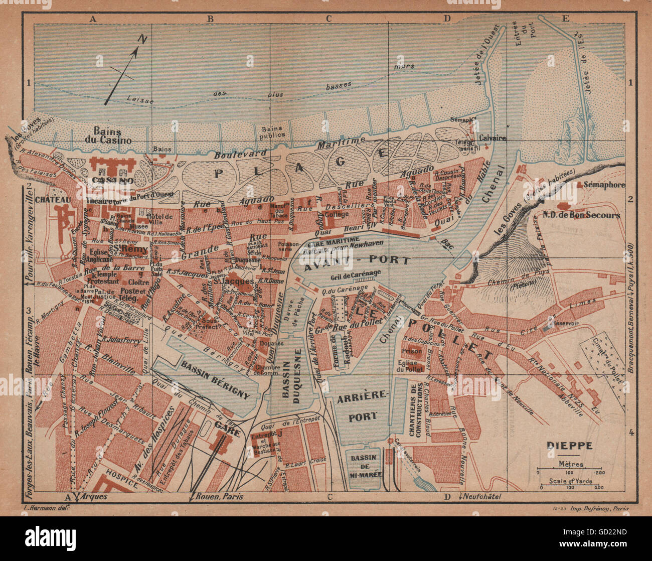 DIEPPE. Karte Stadtplan Vintage Stadt. Seine-Maritime, 1925