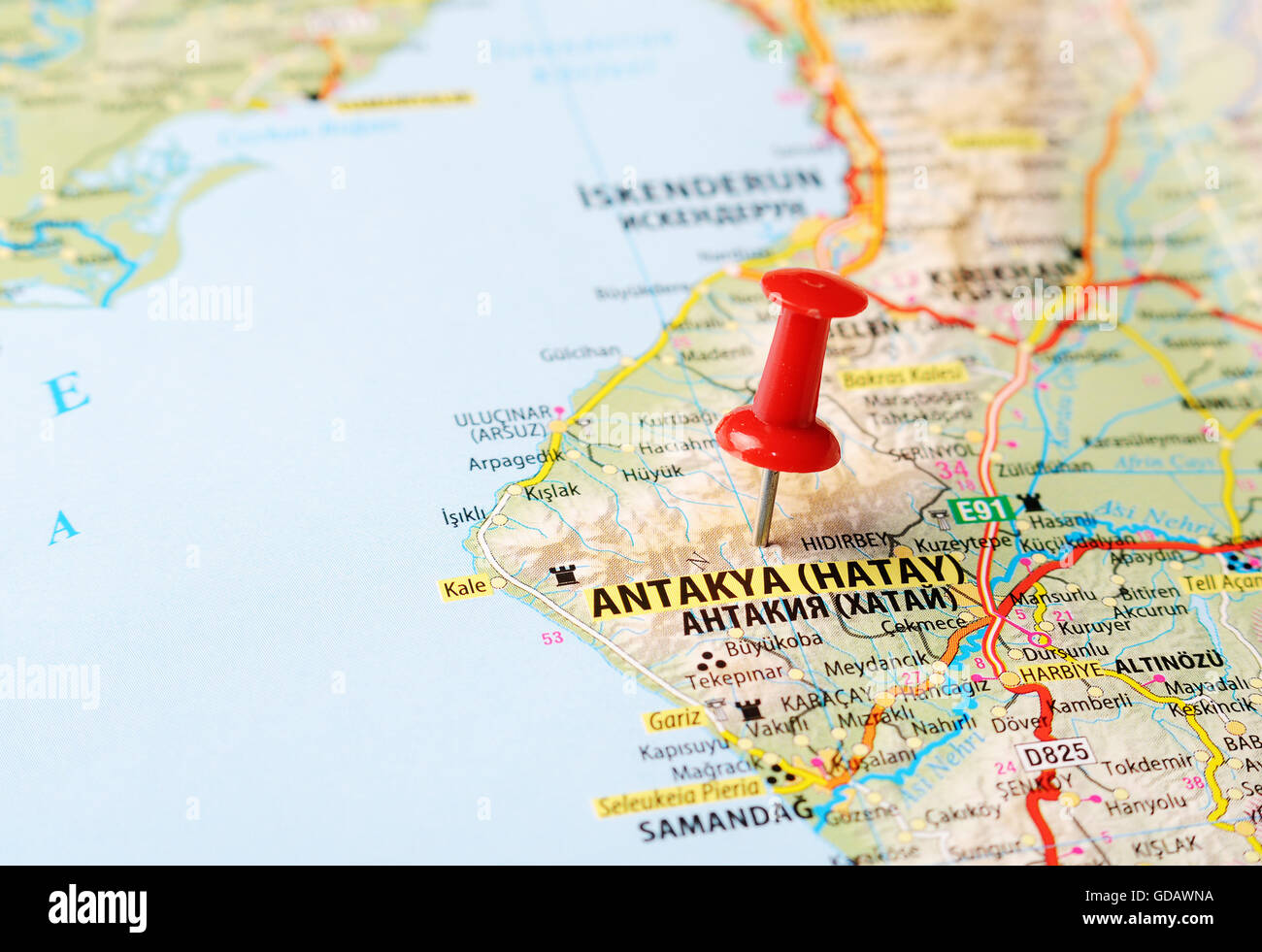 Nahaufnahme von Antakya Hatay, Türkei Karte mit roten Pin