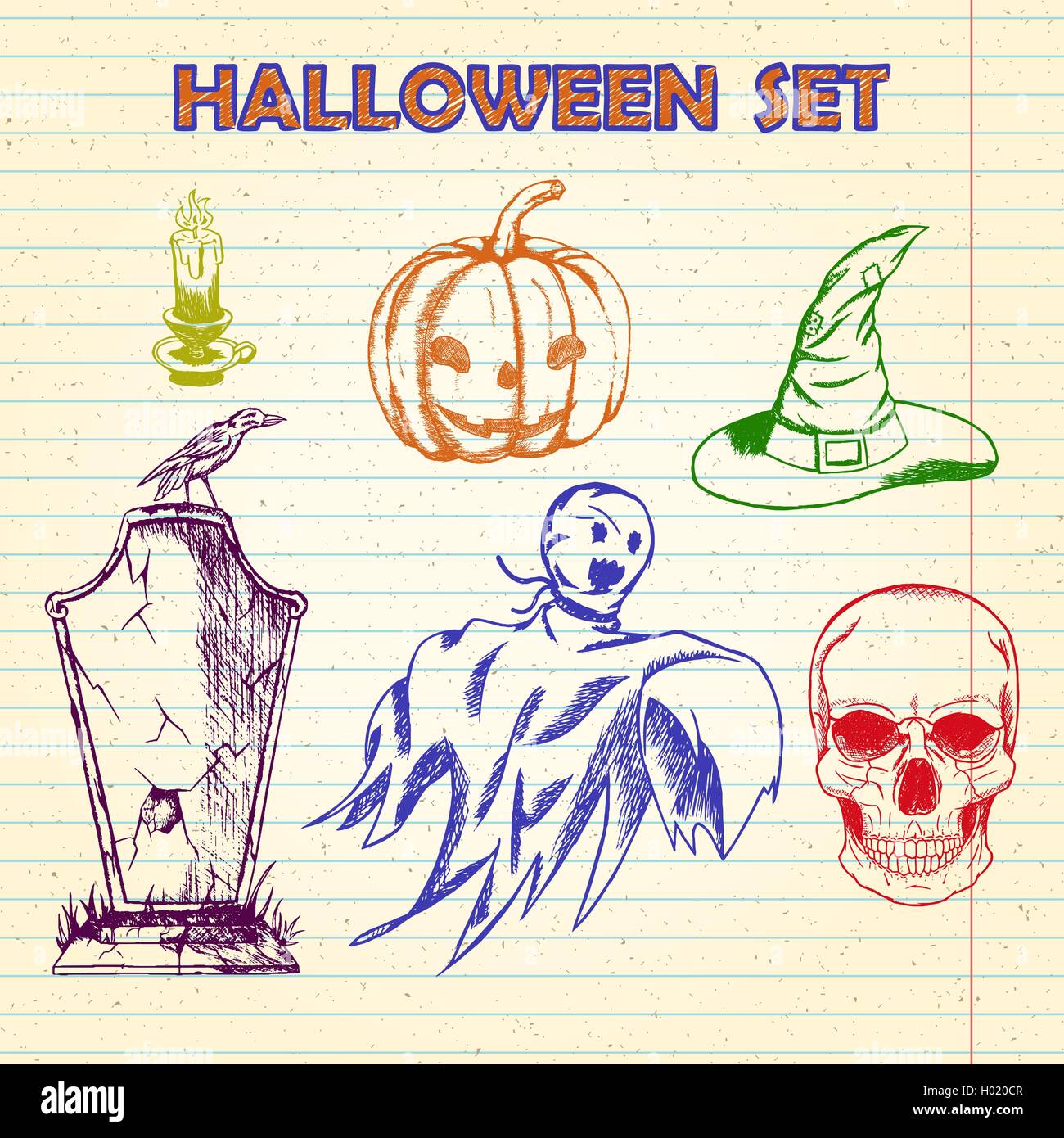 Hand gezeichnet Halloween-Figuren-set Stock-Vektorgrafik - Alamy