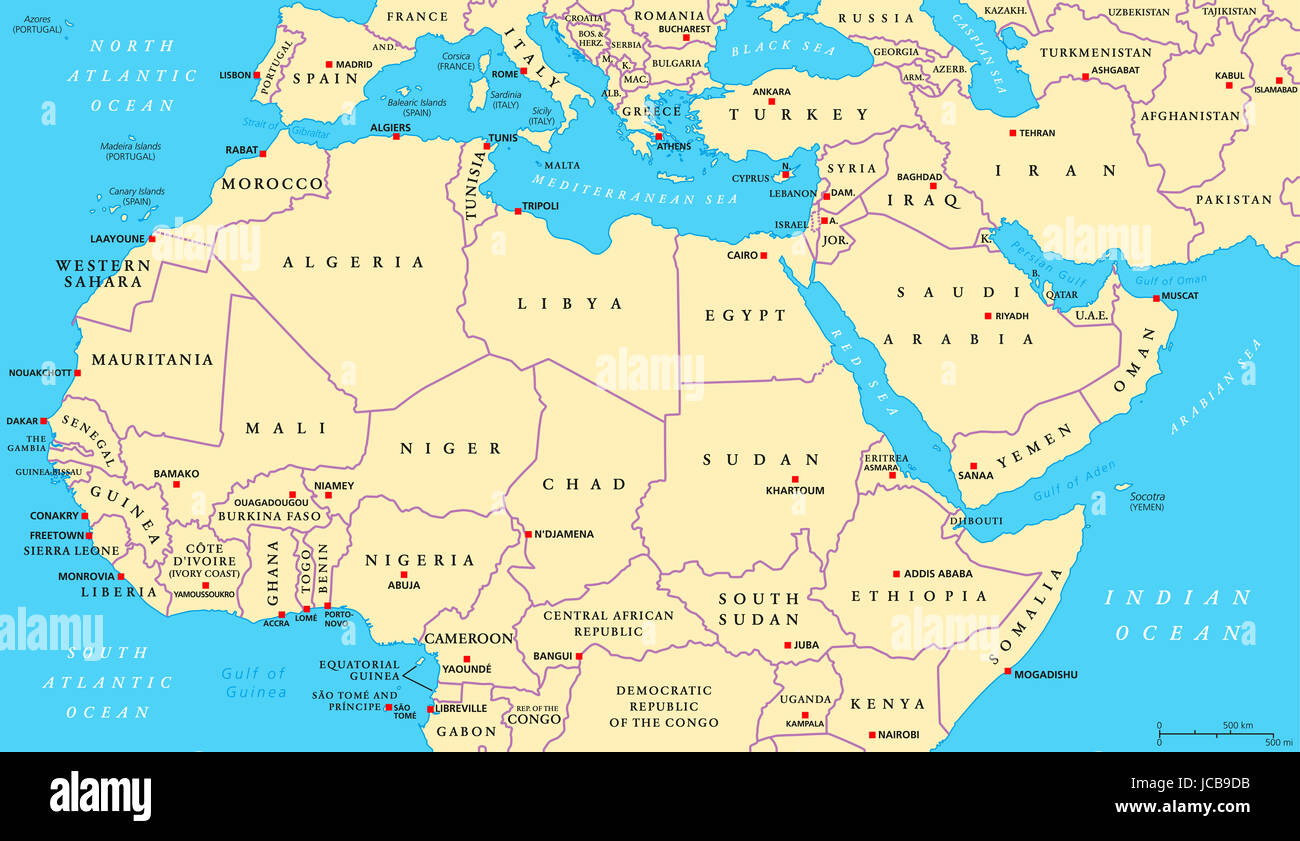 Nordafrika Und Naher Osten Politische Karte Mit Den Wichtigsten Hauptstädten Und Ländergrenzen 6999
