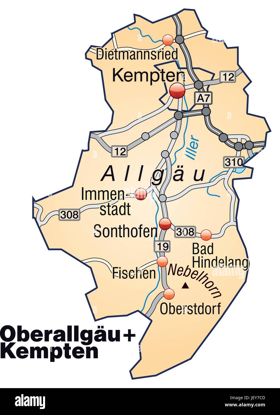 Karte von Oberallgaeu mit Verkehrsmitteln in Pastell orange Stock