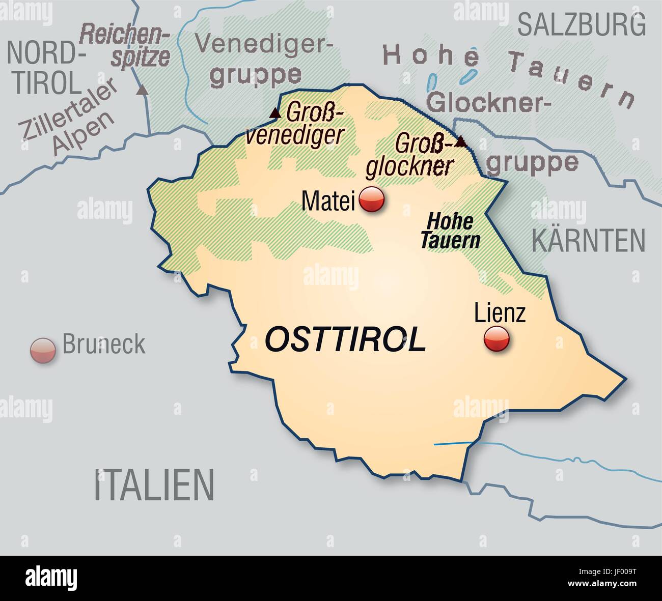 Karte von Osttirol als eine Übersichtskarte in Pastell orange Stock