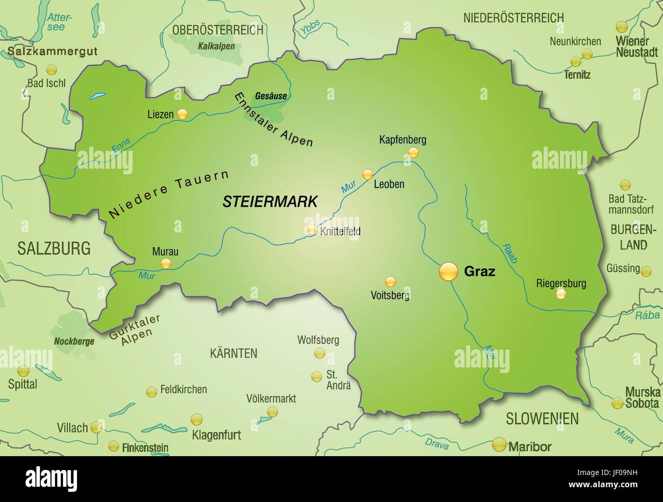 Karte der Steiermark als eine Übersichtskarte in grün Stock