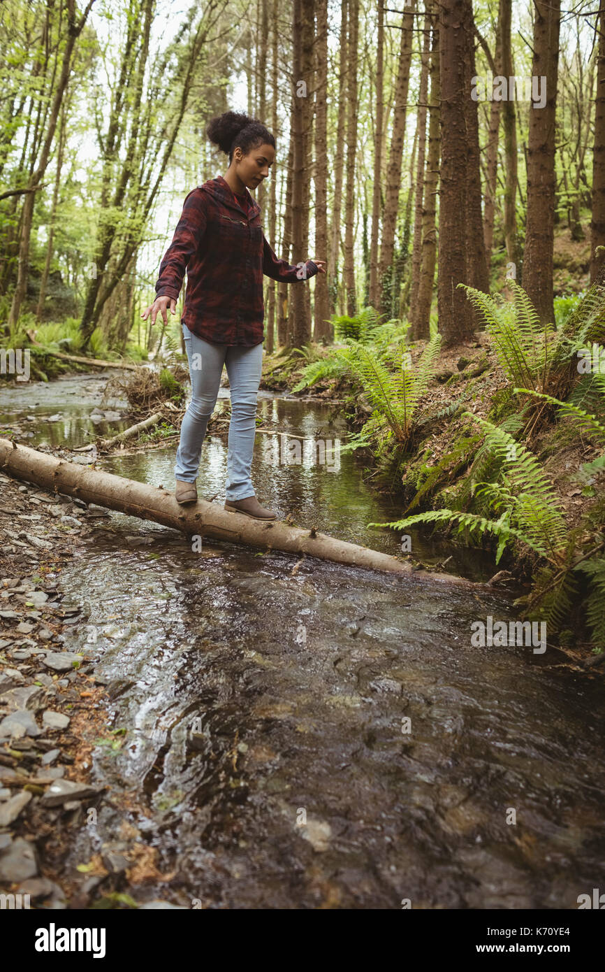 Volle Länge Des Jungen Frau Balancieren Auf Umgefallene Baum Im Wald Stockfotografie Alamy 1301