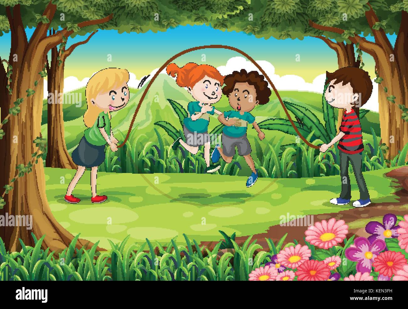 Abbildung Die Kinder Spielen Mit Dem Seil An Den Dschungel Stock Vektorgrafik Alamy