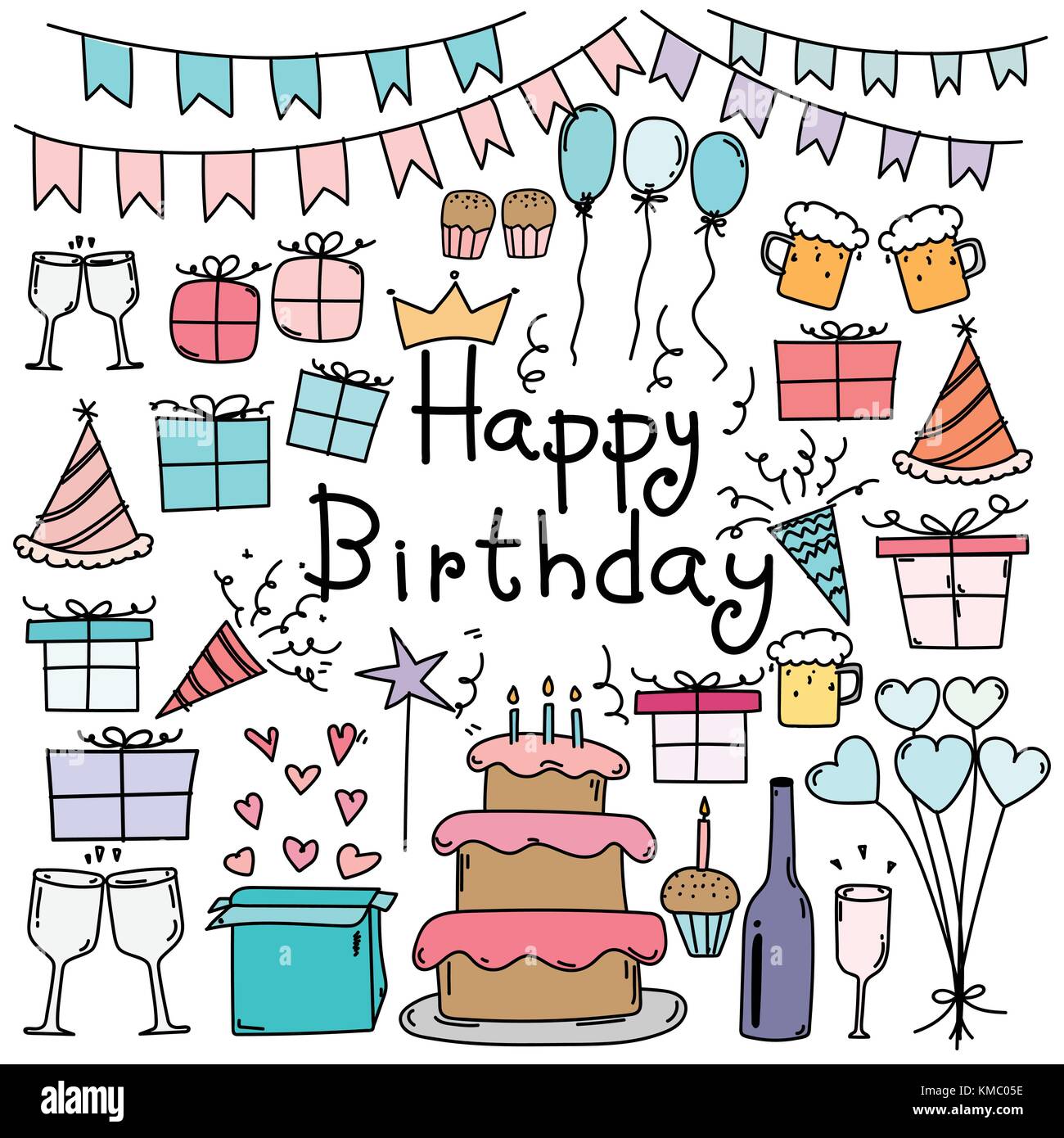 Hand gezeichnet doodle Vektor Happy Birthday Stock-Vektorgrafik - Alamy