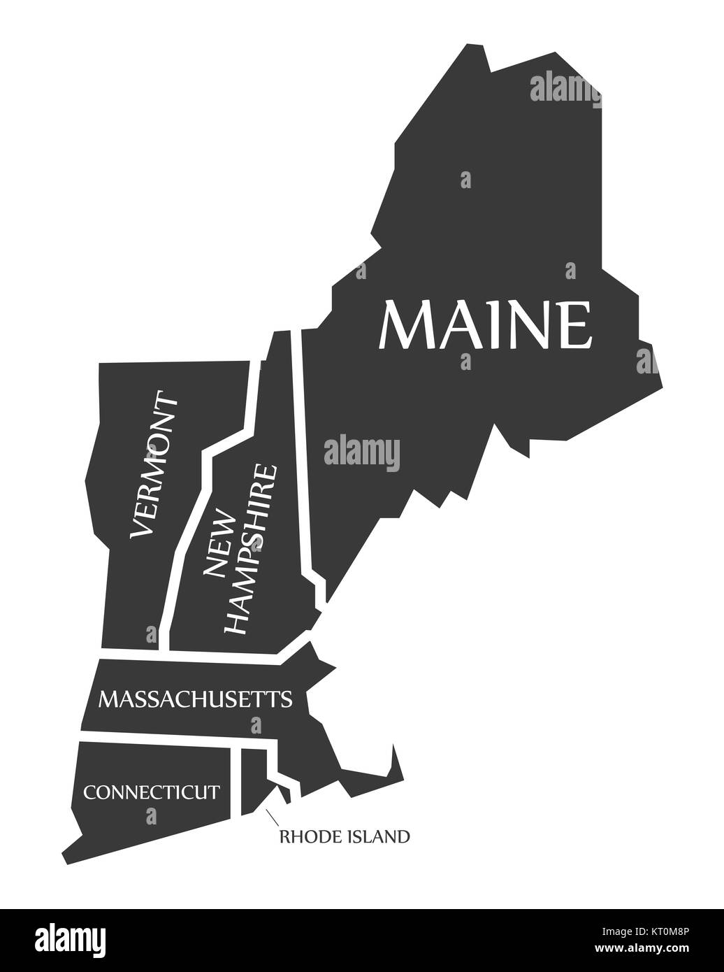 Maine, New Hampshire, Vermont, Massachusetts Karte beschriftet Schwarz ...