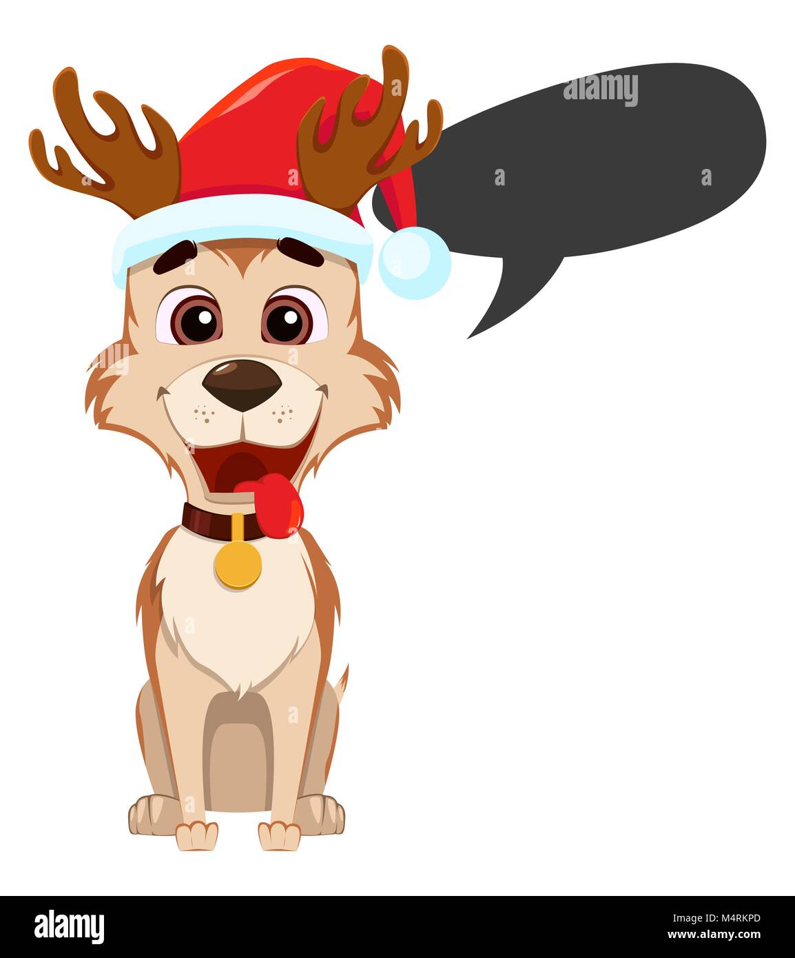 Frohe Weihnachten Grußkarte. Lustig Hund tragen Santa Claus hat und mit