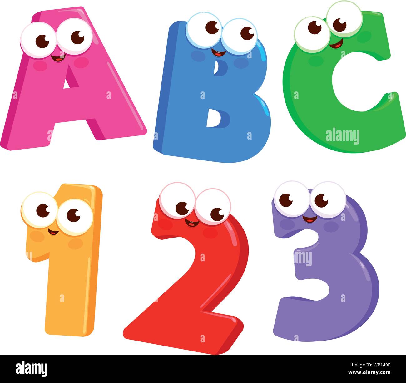 Cartoon Buchstaben ABC und zahlen 123 mit netten und lustigen Gesichter